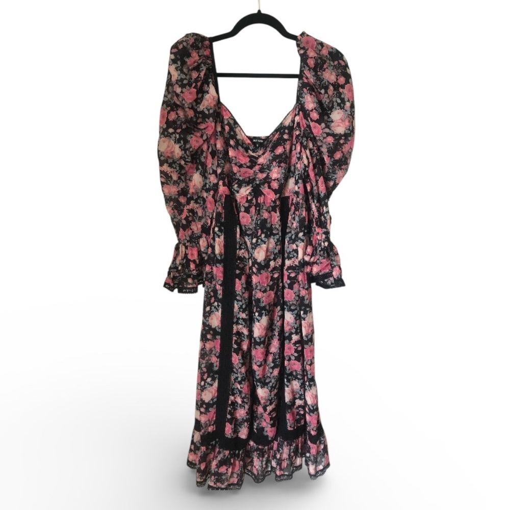 Love Sam Floral & Lace Midi Dress with Puff Sleeves | Medium